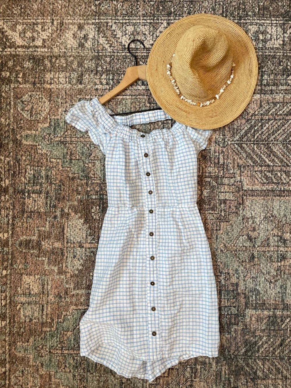 Cleobella Lou Lou Off the Shoulder Pastel Blue Gingham Mini Dress XS - Picture 8 of 8